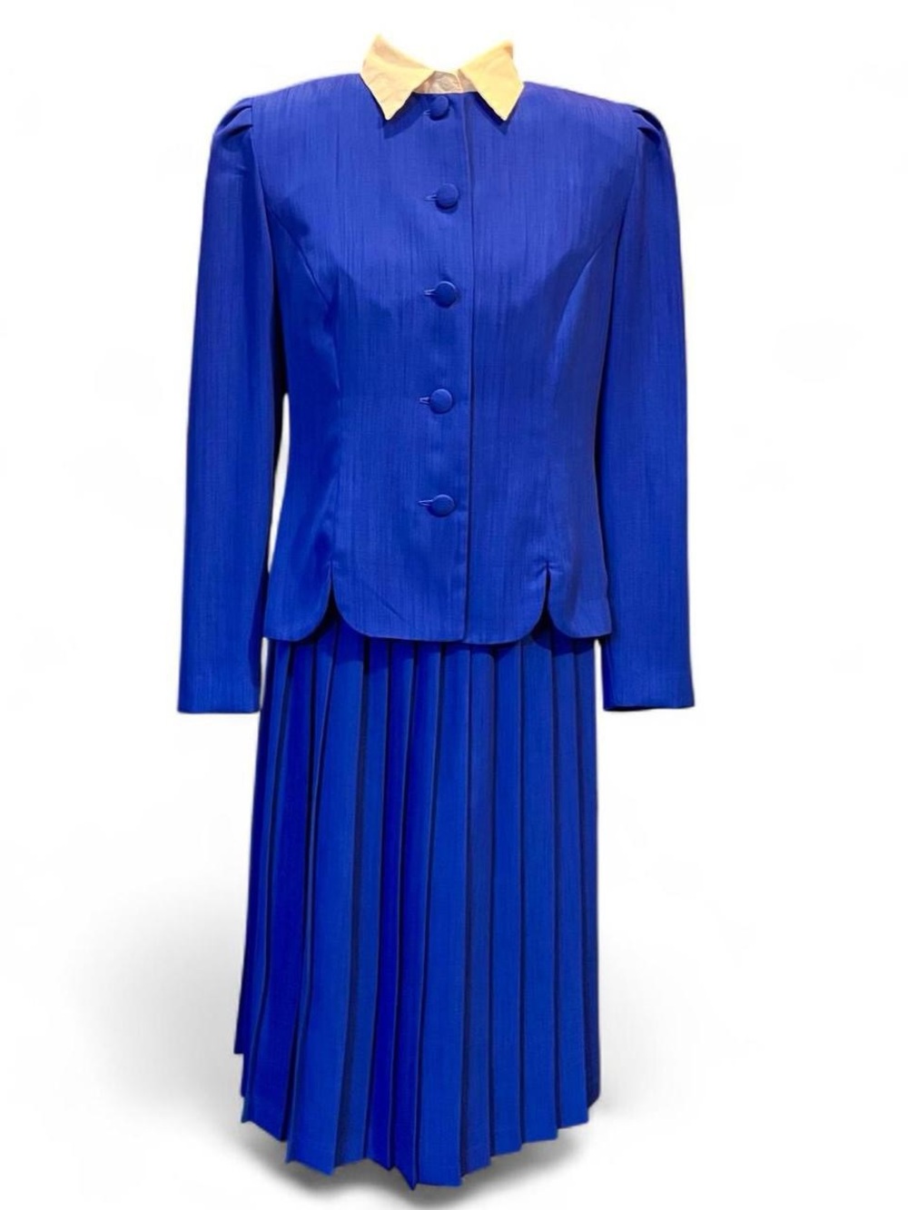 True Vintage Leslie Fay Royal Blue Pleated Skirt Suit Set Lightweight Summer